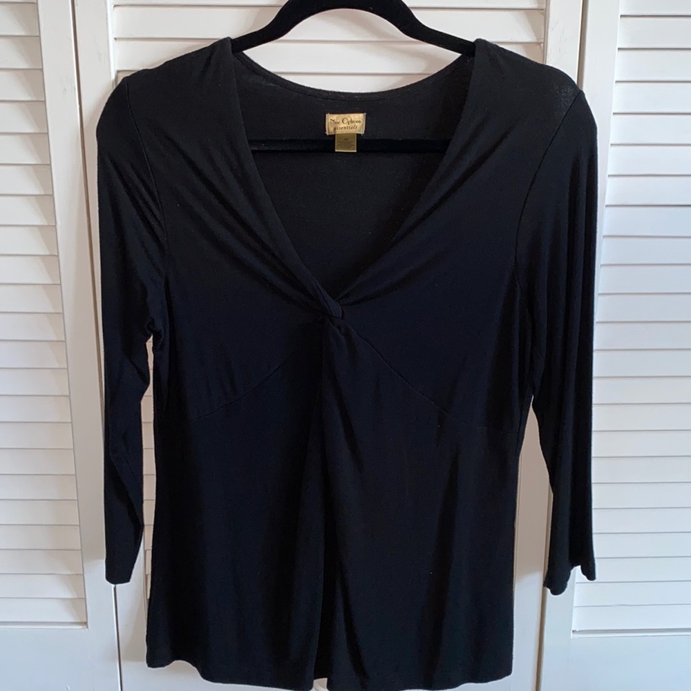 Very figure flattering, black 3/4 sleeve knit crossover top: NueOptions size M